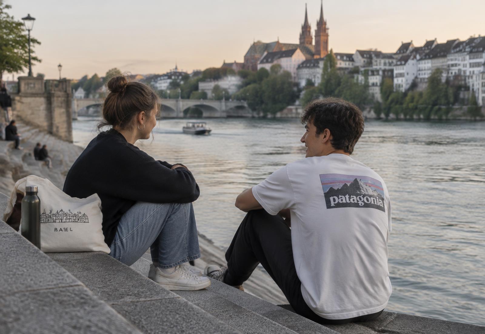 Zwei junge Menschen im Gespräch am Rheinufer in Basel